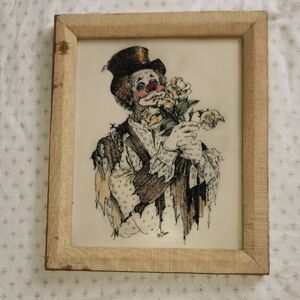 Vintage JR Blair Clown Etching Art with Wooden Frame